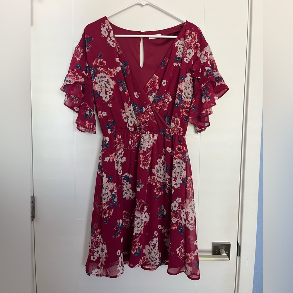 CC cute floral V-Neck Burgundy Dress